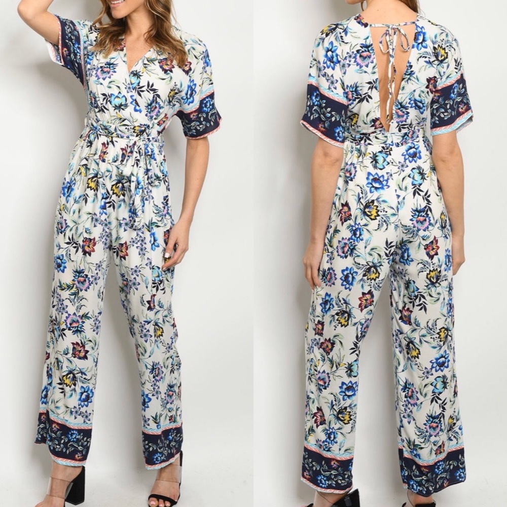 Women’s Off White Floral Jumpsuit - Picture 1 of 8